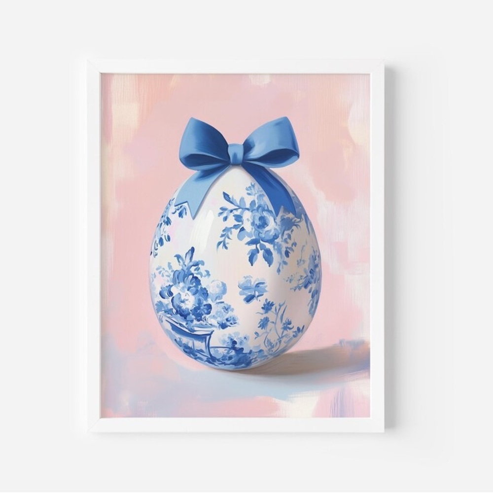 Chinoiserie Easter Egg Print: Bow Framed 8x10 Coquette Decor Floral Egg Print